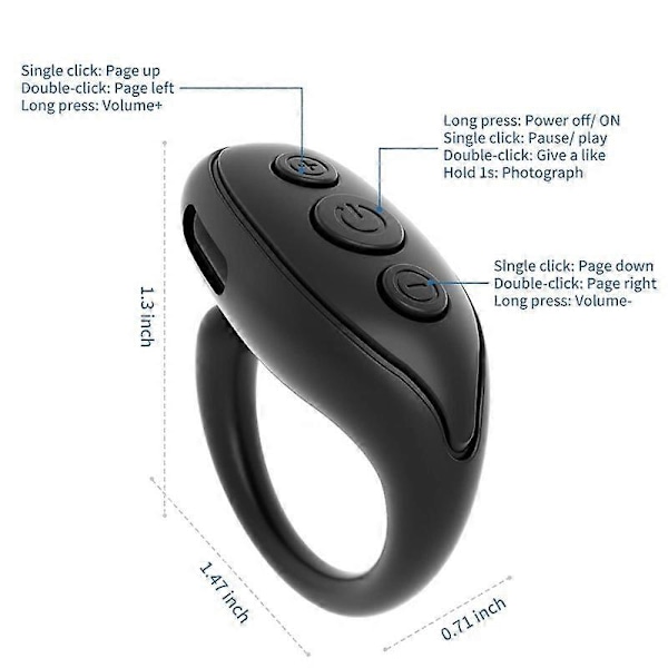 Bluetooth Fjernbetjening Sidevender, Mobiltelefon Kamera Udløser Selfie Fjernbetjening, Smart Ring Fjernbetjening - Sort