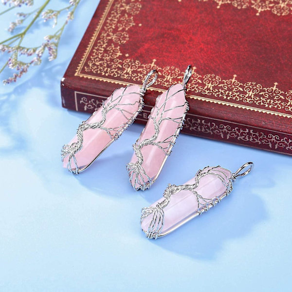 Crystaltears Rosenkvarts Helbredende Krystal Sten Halskæde Sølv Livets Træ Wire Wrapped Naturlig Hexagonal Krystal Punkter Vedhæng Halskæde Smykker Til