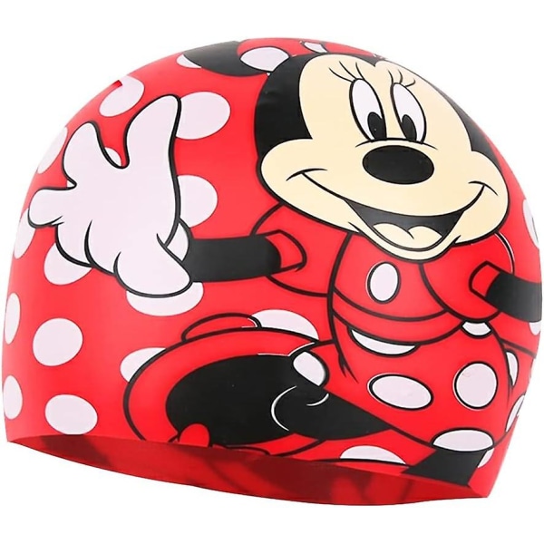 Simningsmössor för barn med Minnie Mouse, bekväma simmössor i silikon, halkfria simmössor, röda elastiska simmössor med tecknat mönster för barn och flickor