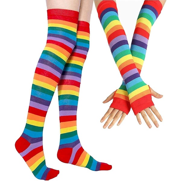 Over Knee Rainbow Lår Höga Strumpor Handskar Set Cosplay Tillbehör Arm Benvärmare För Tjej