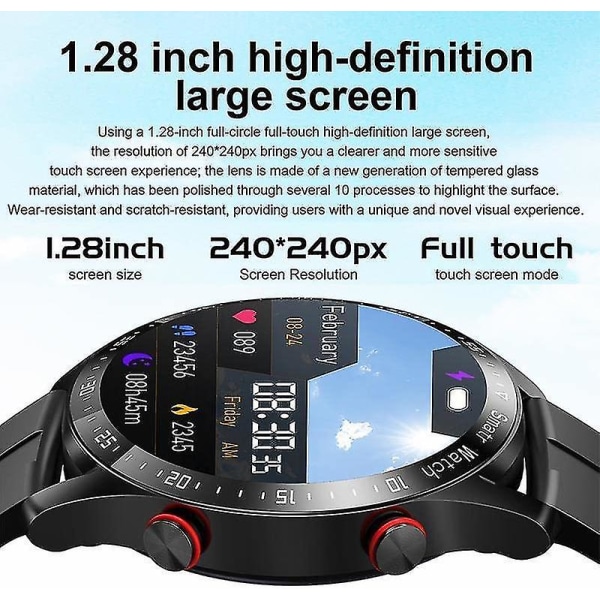 Ikke-invasiv blodsukkertest Smart Watch, Full Touch Health Tracker Ur med blodtryk, Blodilt sporing, Søvnovervågning Black steel