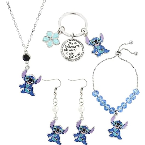 Means Family Stitch nøkkelring - Stitch nøkkelring gavesmykker for kvinner Bracelet+Earrings+Necklace+Keychain