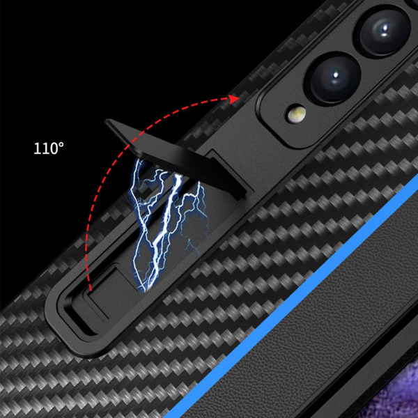 Carbon Fiber Case kompatibel Samsung Galaxy Z Fold 3 med magnetisk Kickstand Holder Stander, stødsikker Black
