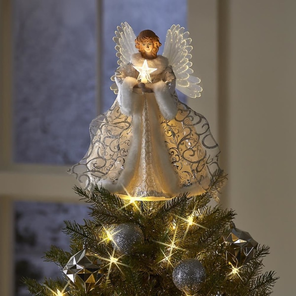 White Christmas Angel Tree Topper Med Led Lightswhite