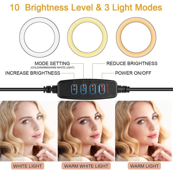10-tums LED Selfie-ringljus med stativ och telefonhållare för livestreaming/smink/tik Tok/youtube video, dimbar kameralampa påfyllningsljus för Ph