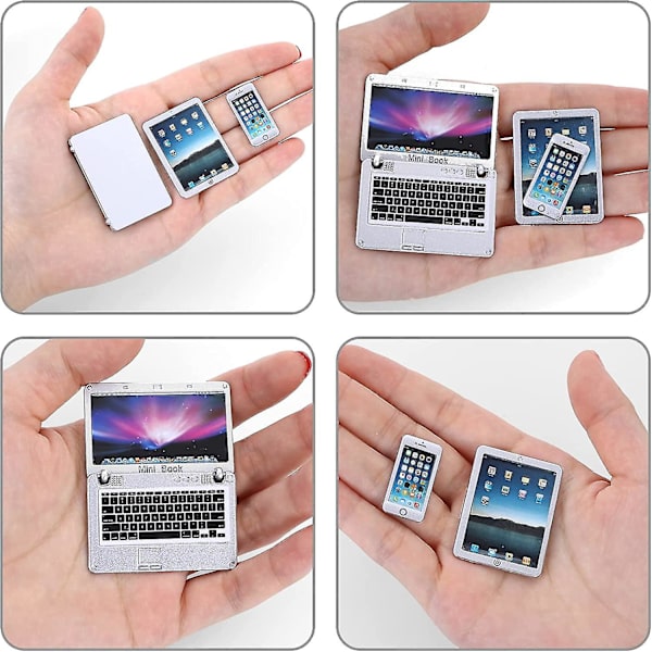 Set med 3 Mini Metallfigurer för Laptop, Surfplatta, Smartphone - för Dockhus, Miniatyrer, Datorscen, Dockhusmöbeltillbehör