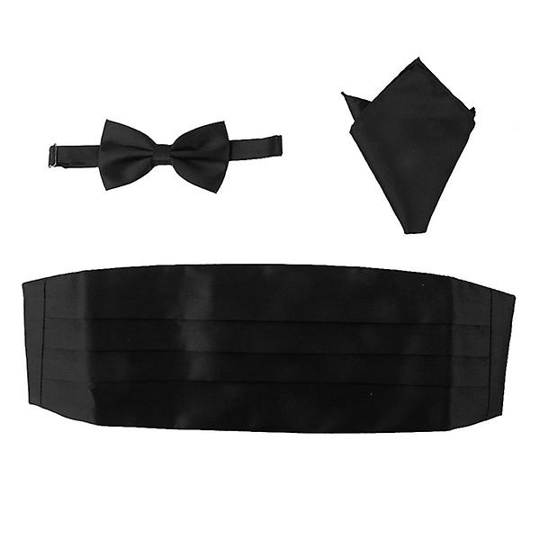 3pcs Men's Satin Bow Tie Cummerbund Hanky Handkerchief (black)