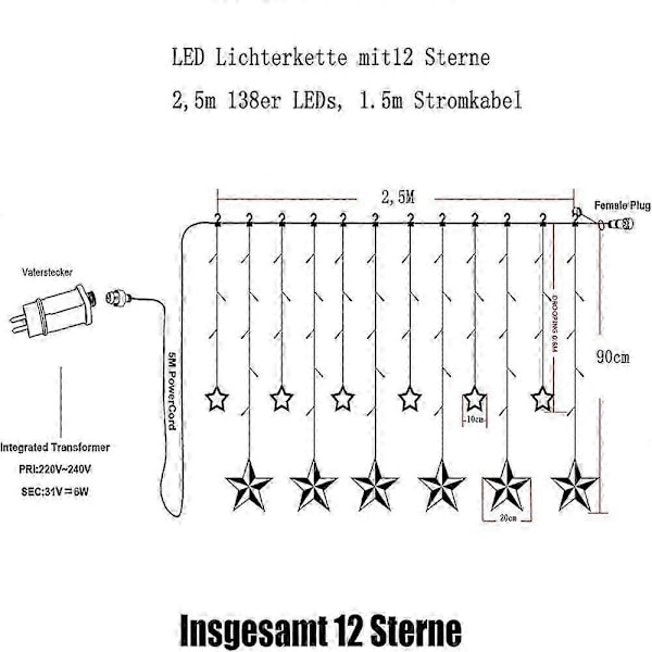 12-stjerners LED-lyslenke, julebelysning, stjerneforheng, 138 LED-lys, 8 moduser, for innendørs, utendørs, jul, fest, dekorasjon, bryllup, hage