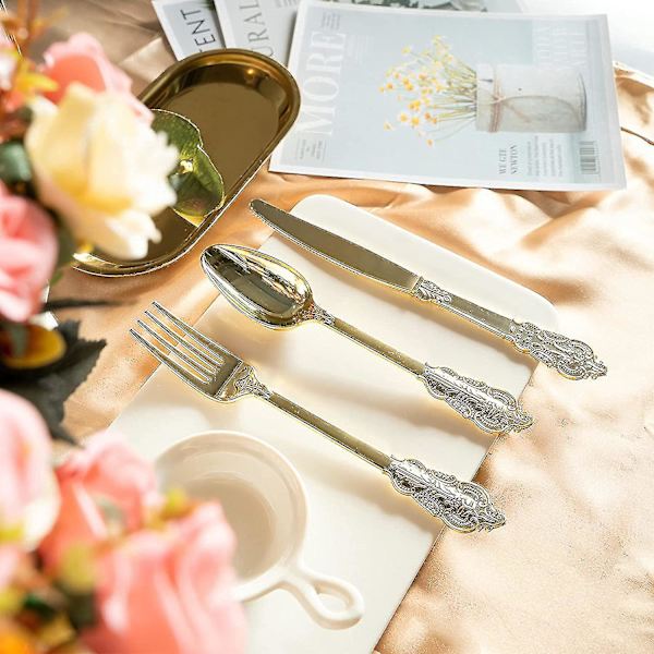300-pack Guld Plastbestick - Tungt Guld Plastbestick Set, 100 Guld Gafflar, 100 Guld Skedar, 100 Guld Knivar, Guld Bestick