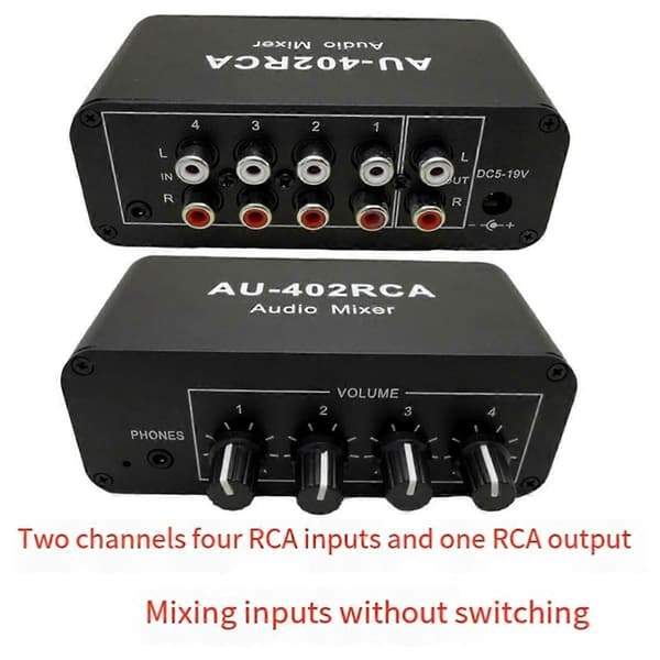 AU-402RCA Stereo Audio Mixer Multi-Channel Audio Source Reverb Volume Control 3.5mm Hovedtelefon Driver 4 Input