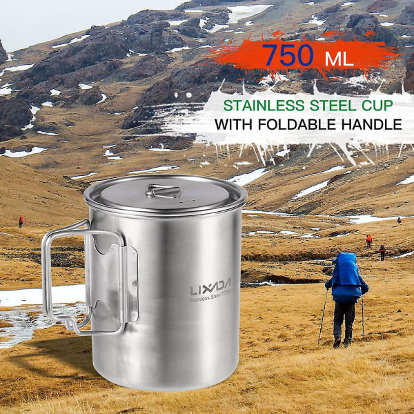 Lixada 750 ml kopp utendørs vannkopp krus i rustfritt stål med sammenleggbare håndtak og lokk for campingvandring ryggsekktur