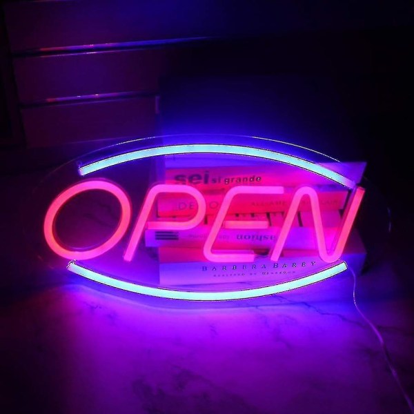 Neon avoin kyltti kauppaan, jossa on kaksi valotilaa