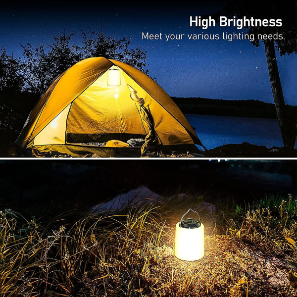 Oppladbar campinglykt, oppladbar led campinglampe-3000k varmt hvitt lys, justerbar lysstyrke 3 moduser, 10 timer+ batterilevetid, bærbar og vann