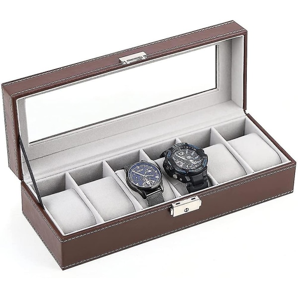 6 Slot Læder Herre Watch Box Luksus Display Case Organizer Display Case