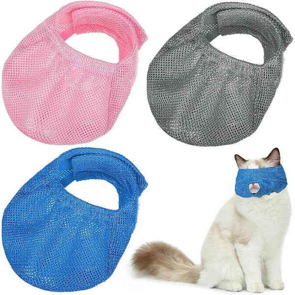 3 st kattmunstycken andningsbara nätmunstycken kattvårdshållarpåsar med munstycke anti-bit anti-mjau för att förhindra katter från att bita blå, rosa, grå