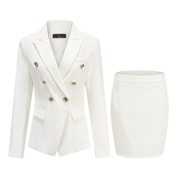 Yynuda dame 2-delt elegant kontor dame professionel kjole dobbeltradet forretningsdragt (blazer + nederdel) White M