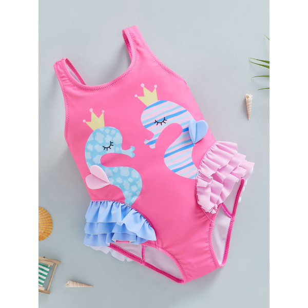 Børns Toddler Baby Girl One Piece Badetøj Strandtøj Ruffle Søhest S Dark Pink S/90