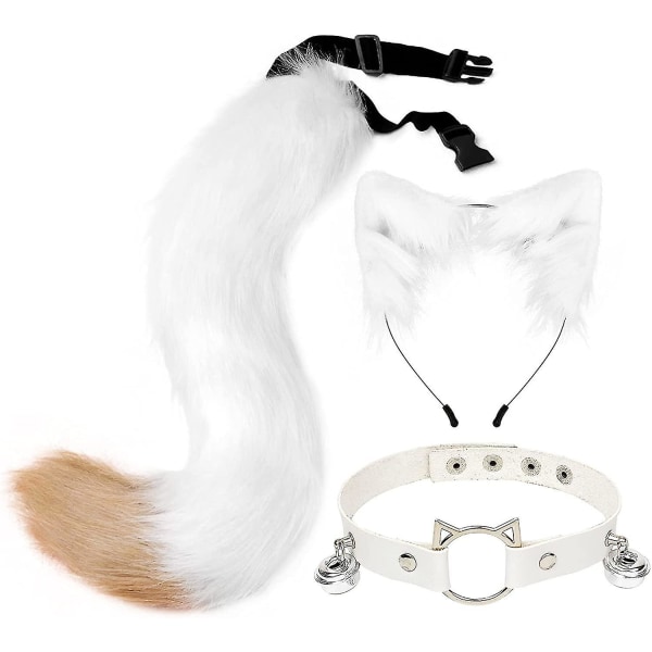 Wolf Fox Tail Clip ører og hansker sett, festkostymeleker med plysjører og jinglekrage