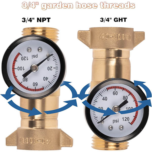 Messing RV Vandtryk Regulator, Blyfri, Hi-Flow RV Vandregulator med Filterskærm og Måler til Campister, Campingvogne, RV VVS-system