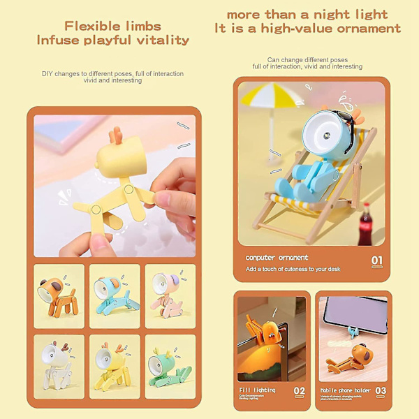 6 stk Hjorte Lampe Led Bordlampe Sød Lille Telefonholder Sød Hjorte Lys Justerbar Telefon Stativ (6 Farver