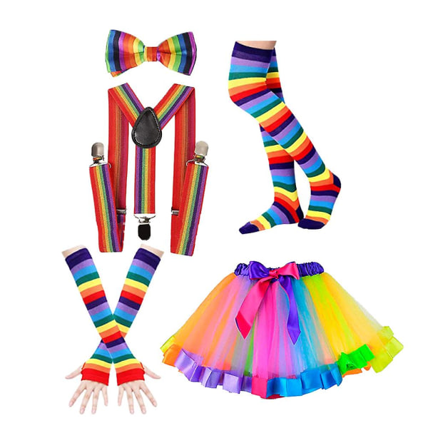 1 sæt festkostume Neon-tema Komfortable regnbuehandsker Sløjfestrømper Tutu-kjole til voksne damer