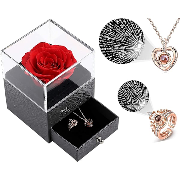 Bevaret ægte rose gaveæske fortryllet ægte rose med I Love You halskæde 100 sprog gave, evig rosenblomst håndlavet bevaret ægte rose gave F