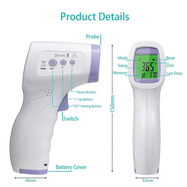 Digitaalinen otsalämpömittari, kosketukseton infrapunalämpötilan mittaus värillisellä taustavalolla lapsille, aikuisille ja vanhuksille
