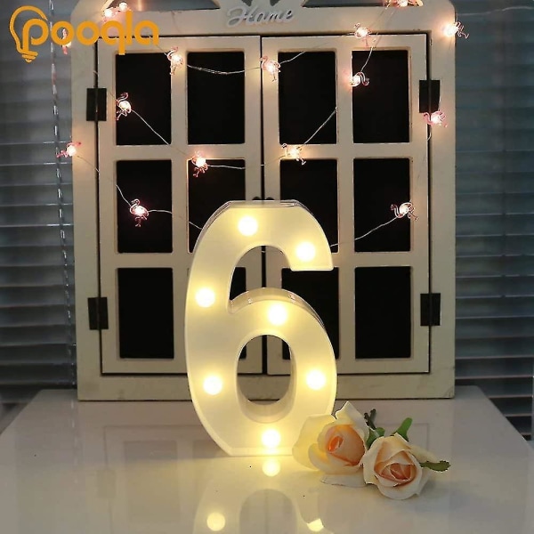 Dekorative LED-lys opp-nummerbokstaver, hvit plasttelt nummerlys Skilt Fest Bryllupsdekor Batteridrevet tall (6)