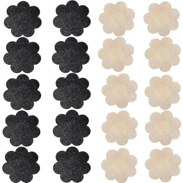 Självhäftande cover utan bröstvårtor, 20 par engångsbh Gel-kronbladspaddekor (beige 10 par + svart 10 par)
