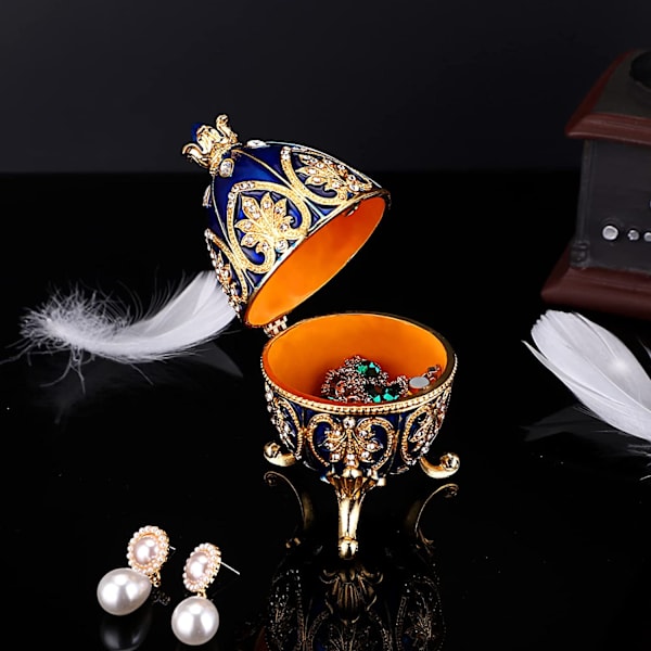 Emalje Fabergé æg, dekorativ hængslet smykkeskrin med funklende rhinsten, unik gave/pynt til hjemmets kommode fødselsdagsfest (blå) blue