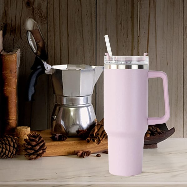 Vattenflaska i rostfritt stål | Mugg med sugrör och handtag | Läcksäker vakuumisolerad vattenflaska för hett iskaffe (ljusrosa)