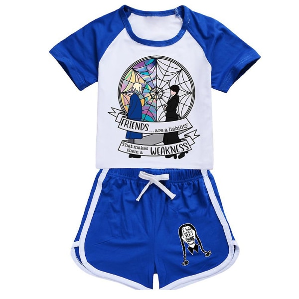 Barn Jenter onsdag Addams T-skjorte Shorts med trykt antrekk Pyjamas Natttøy Loungewear Sommer treningsdress Blue 9-10 Years