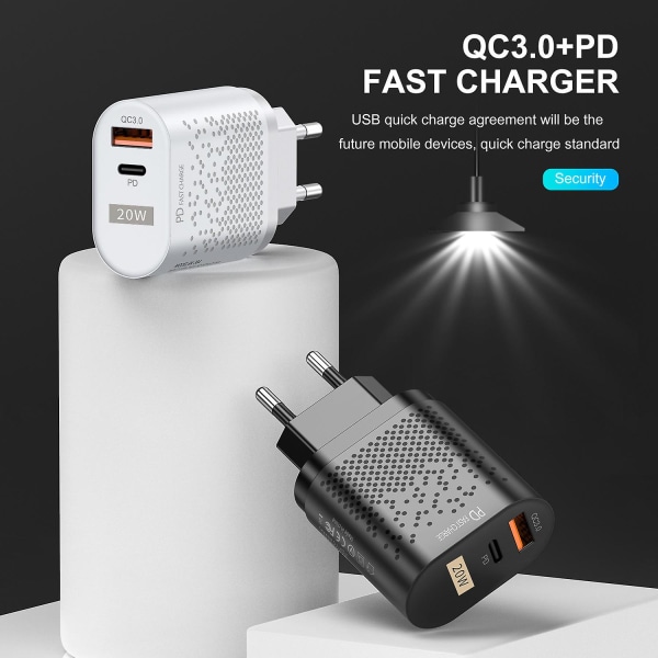 Usb-stikoplader, 20w Dual Port Wall Charger-stik, Pd Med Qc 3.0 Strømadapter, Hurtigopladerblok til Iphone 12/11 Xr Xs Se, Blackuk