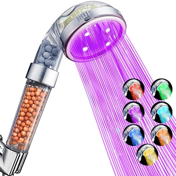 LED-duschhuvud, filterfiltrering, högtryck, vattenbesparande, 7 färger automatiskt, ingen Ba