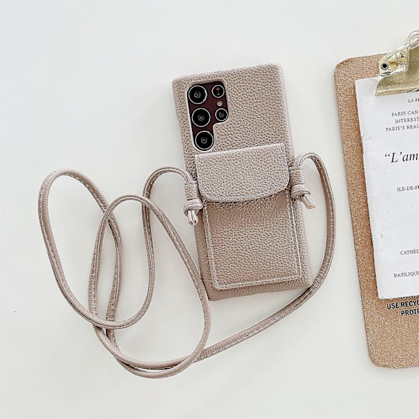 Crossbody läder plånbok telefonfodral kompatibel Samsung Galaxy S22 Ultra S22+ S22 med kortplats Khaki S22 Ultra