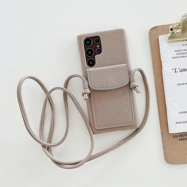 Crossbody skinnveske lommebok telefondeksel kompatibel med Samsung Galaxy S22 Ultra S22+ S22 med kortspor Khaki S22 Ultra