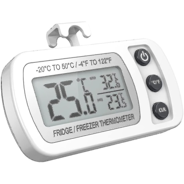 Kylskåpstermometer LCD-skärm Digital vattentät frystermometer med magnetkrok Vit Kylskåpstermometer (-20 ~ 50)