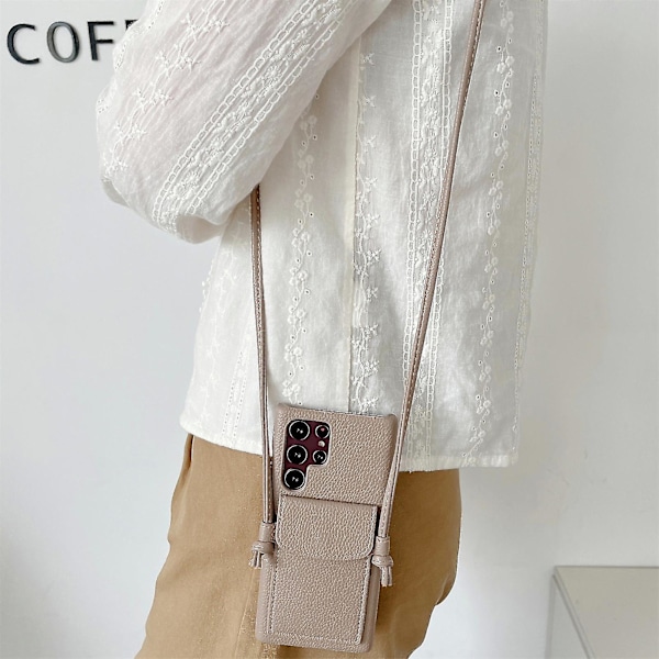 Crossbody läder plånbok telefonfodral kompatibel Samsung Galaxy S22 Ultra S22+ S22 med kortplats Khaki S22 Ultra