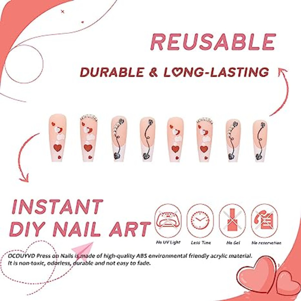 Valentinsdag Tryk på Negle Lange Hjerte Falske Negle med Neglelim Mat Nude Co true love pink diamond