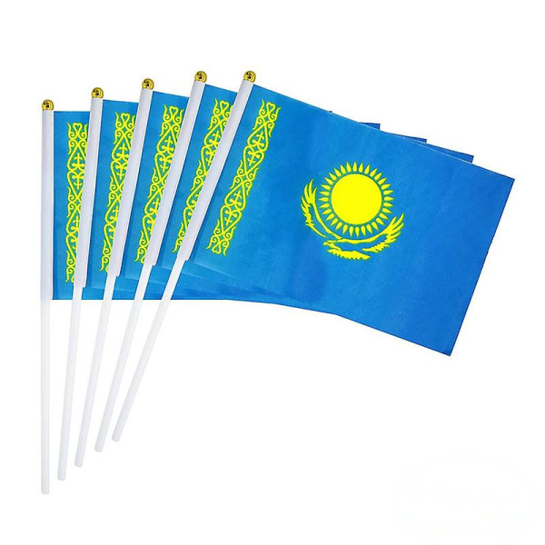 Zxz 100 Buah Bendera Melambai Tangan Kasakhstan 14*21cm Poliester Bendera Tangan Kz Cetak Sisi Ganda Dengan Tiang Bendera Plastik