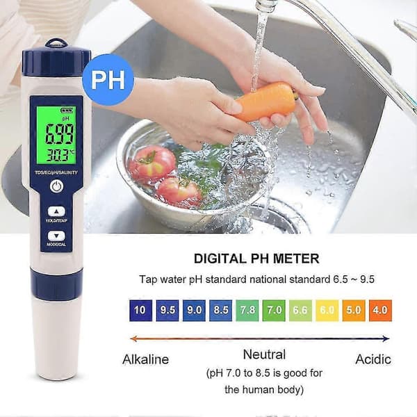 5-i-1 Elektronisk pH-måler, Mål pH & TDS & EC Salinitet & Temperatur Vannkvalitetstester