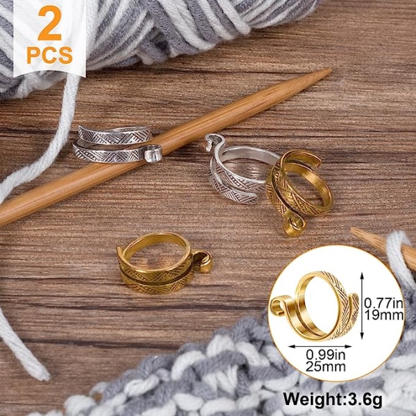 2 pakke strikke hekle løkke ring for fingre, justerbar hekle tiere Gold+Silver*1