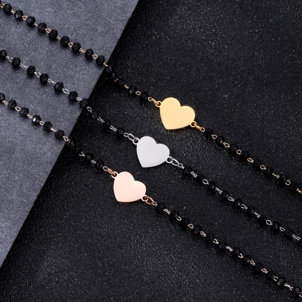 Hjerte Charm Armbånd i Rustfrit Stål med Sorte Perler - Enkelt Lykke Charm Armbånd (Guld) gold