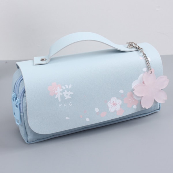 Kawaii Cherry Blossom blyantveske Rosa søt blyantveske Stor kapasitet brevpapirpose Skolemateriell Makeup Bag (blå)