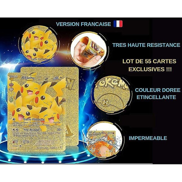 Kort - 55 guldbelagte skinnende franske kort - Sjælden - Charizard Gx, Vmax