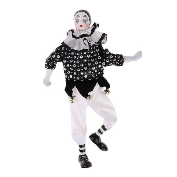 15 tommer porcelænsdråbeklovnedukke iført hvidt og sort tøj, sjov harlekindukke, Circus Pro