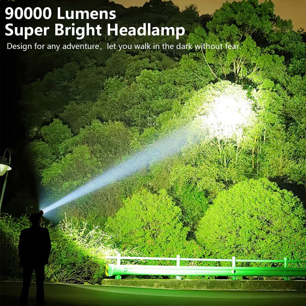 LED oppladbare hodelykter for voksne, 90000 Lumen Super Bri