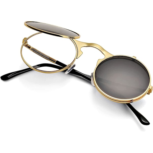 Pyöreät kääntyvät aurinkolasit miehille ja naisille - John Lennon -lasit 90-luvun retro steampunk -tyyli A1 Gold-Grey