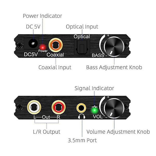 192kHz Digital til Analog Lydkonverter med Bas- og Volumenjustering, digital Spdif/optisk/koaksial
