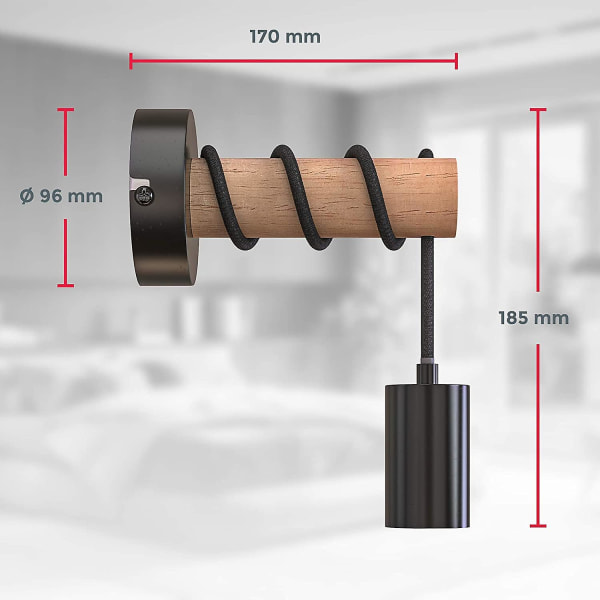 Seinänvalaisin, teollinen retro-muotoilu, puu ja metalli, olohuoneen ja makuuhuoneen valaistus, E27-kanta, enintään 10 W:n LED-lampulle, musta